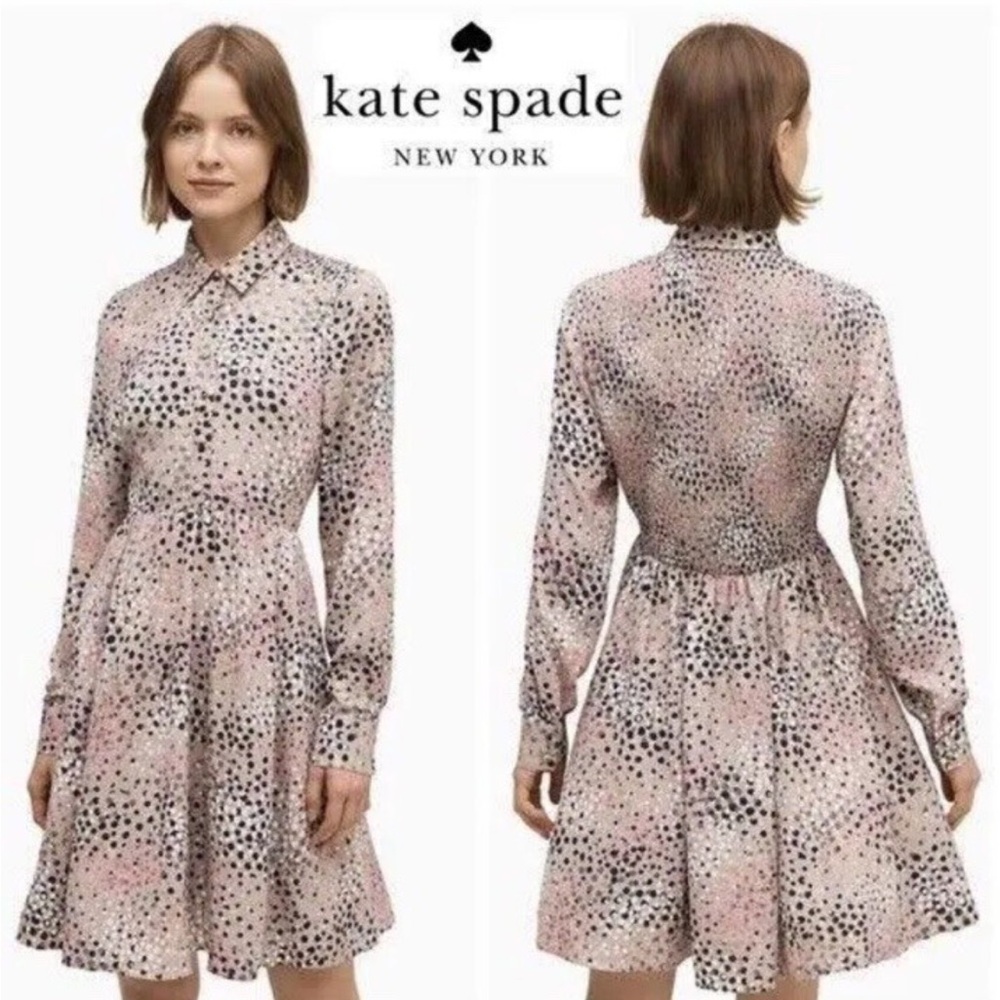 Kate Spade Soiree Polka Dot Dress Size 10 Smocked Long Sleeves Business Casual